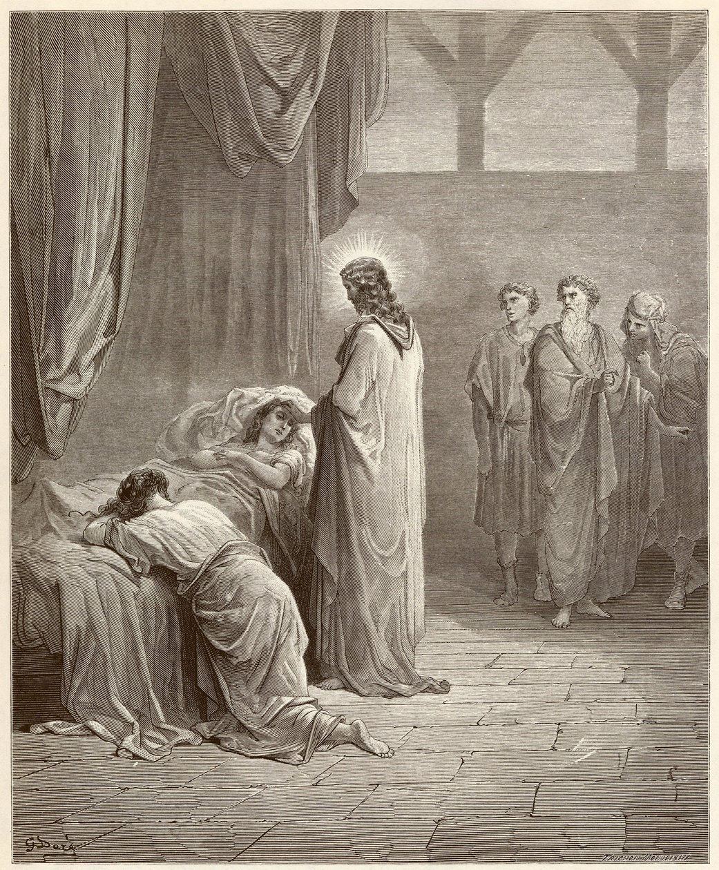 Zázrak: Ježíš Kristus uzdravil dceru Jairova (Jairus nebo Jairos). Rytina z bible ilustrovaná Gustave Dore (1832-1883) od Gustave Dore