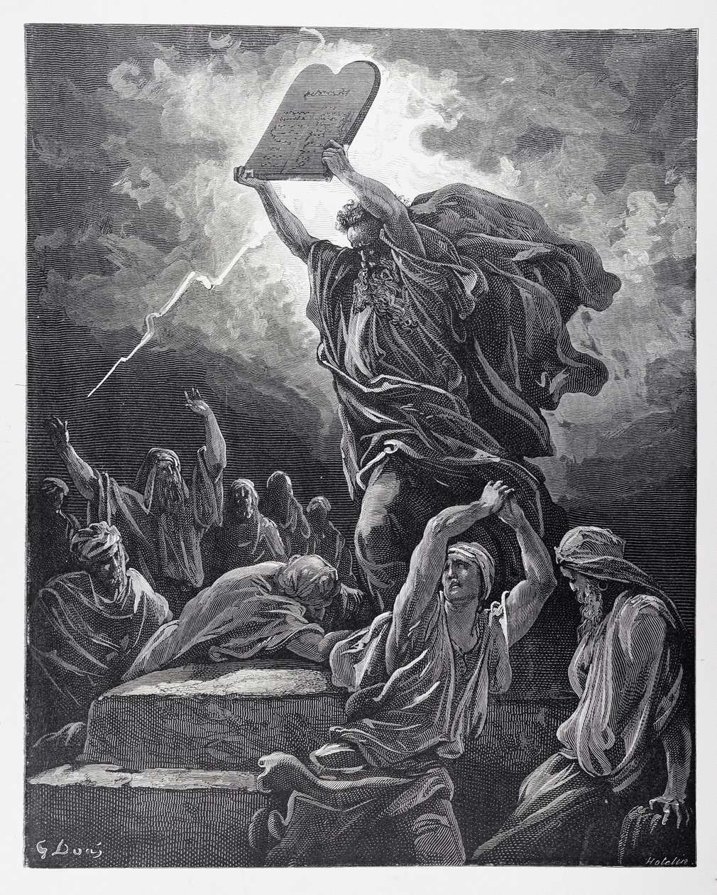 Mojžíš lámající desky Zákona, rytina Hotelin, asi 1868 od Gustave Dore