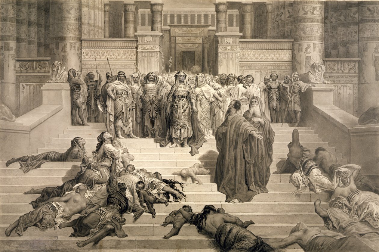 Mojžíš před faraónem (uhlí, pero a inkoust na papíře) od Gustave Dore