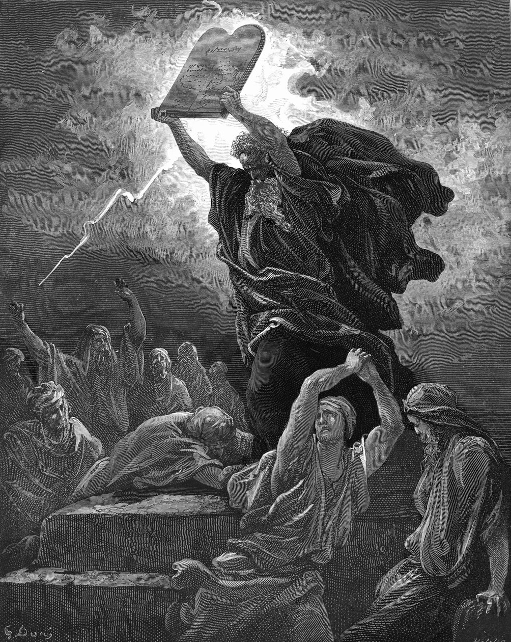 Mojžíš rozbíjí desky zákona, rytí. - Bible od Gustave Dore