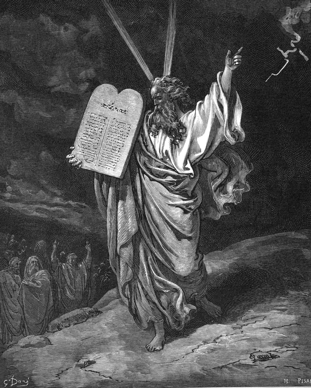 Mojžíš sestupující z hory Sinaj s deskami zákona Desatero přikázání, 1866 od Gustave Dore