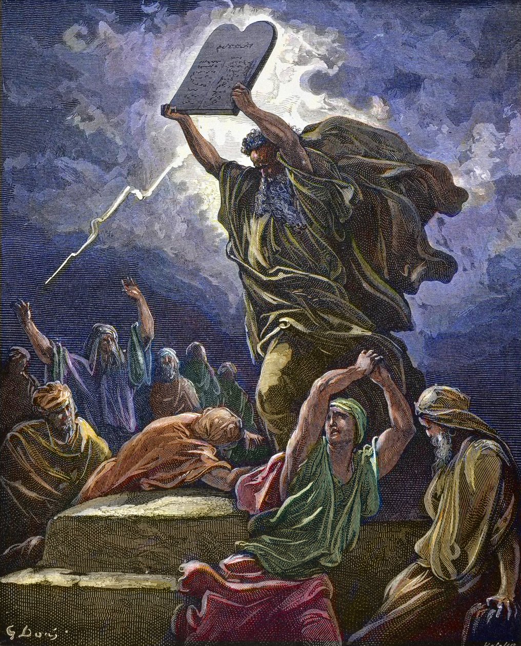 Mojžíš najde Židy, jak uctívají zlaté tele a porušuje stoly zákona - Moses Breaking The Tablets Of The Law - Gustave Dore (1832-1883) od Gustave Dore