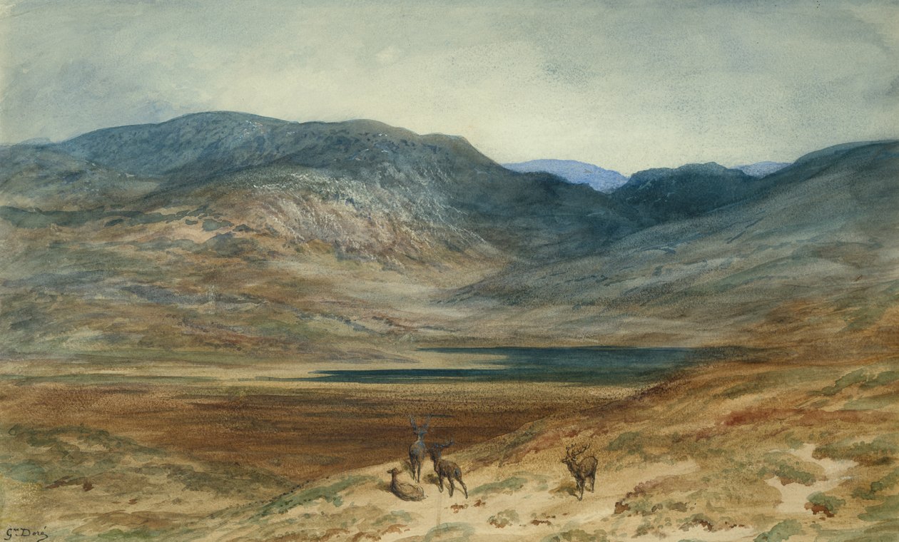 Hornatá krajina s jeleny, 1873 (wc a pastelka na papíře) od Gustave Dore
