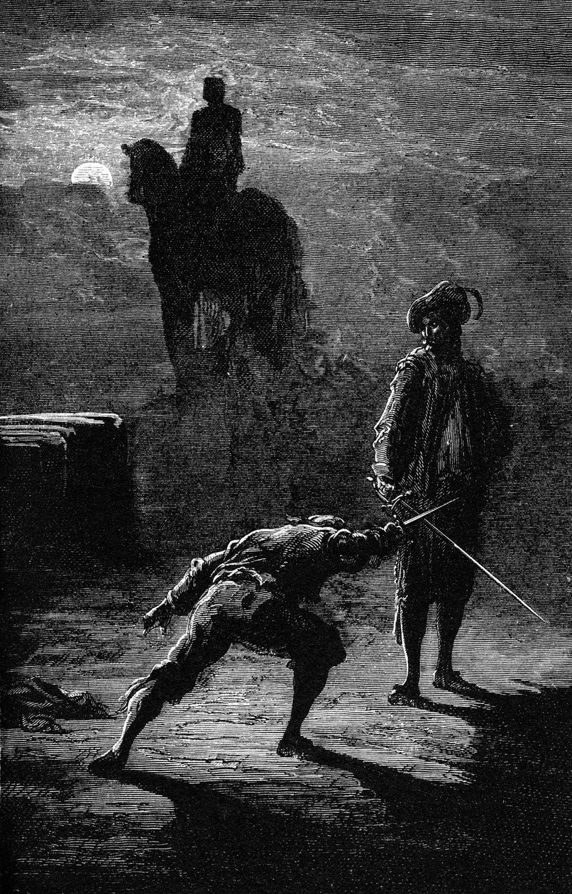 Noční souboj za svitu měsíce mezi baronem de Sigognac a Jacqueminem Lampourdem pod jezdeckou sochou bronzového krále. Rytina Gustava Doreho ilustrující román Theophila Gautiera "Kapitán Fracasse". Charpentierovo vydání 1863. od Gustave Dore