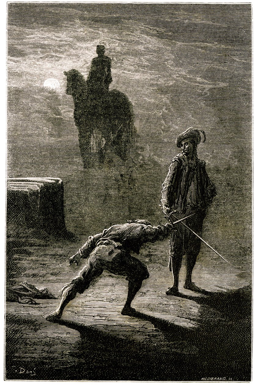 Noční souboj za svitu měsíce mezi baronem de Sigognac a Jacqueminem Lampourdem pod jezdeckou sochou bronzového krále. Rytina Gustava Doreho ilustrující román Theophila Gautiera "Le capitaine Fracasse", edice Charpentier 1863. od Gustave Dore