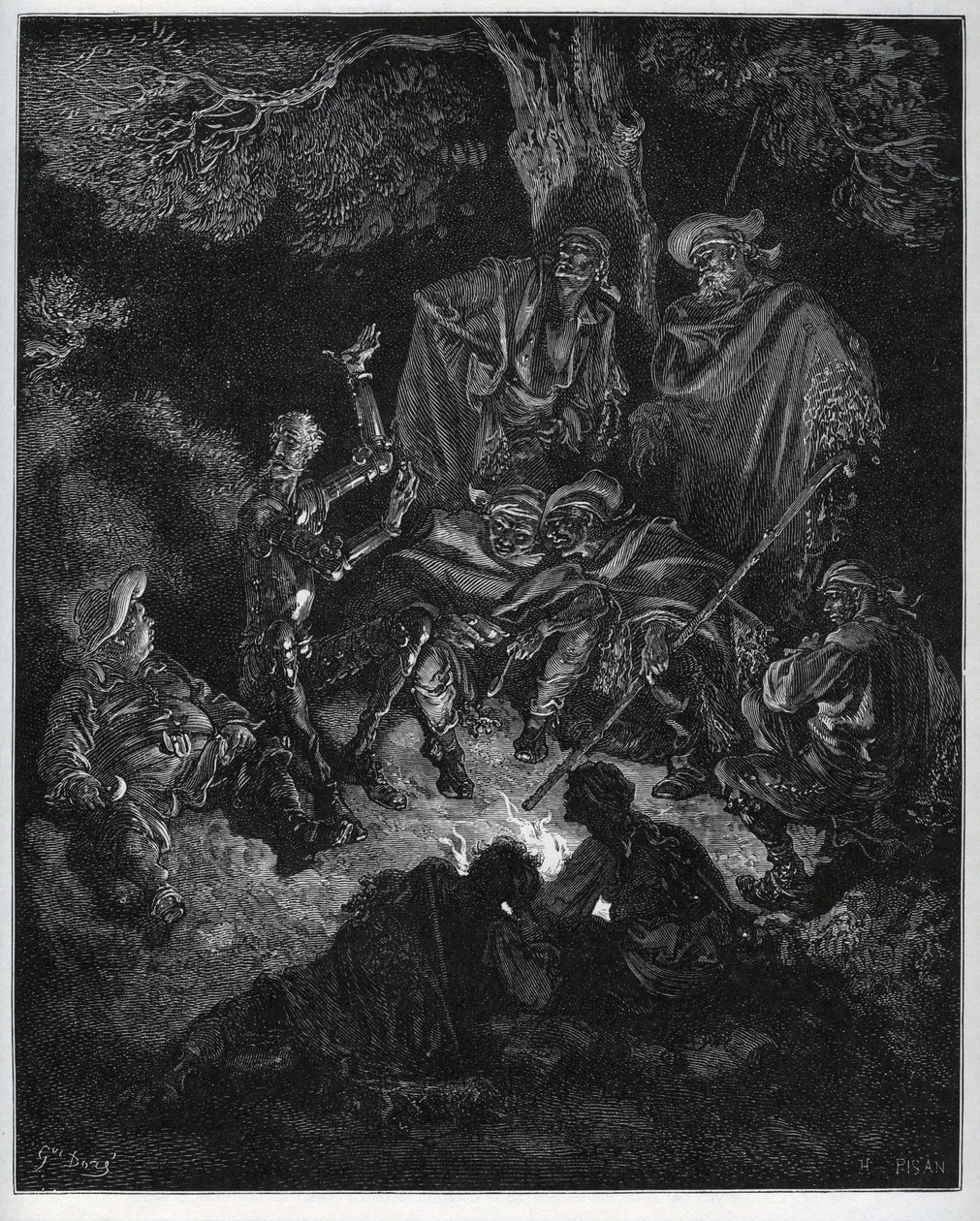 Noční světlo, kde Don Quijote vypráví příběh o světě kozám a Sancho Panzovi - z „Don Quijote de la Mancha“ od Miguela Cervantese (1547-1616) (Don Quijote) - dřevořez podle kresby Gustava Dore od Gustave Dore