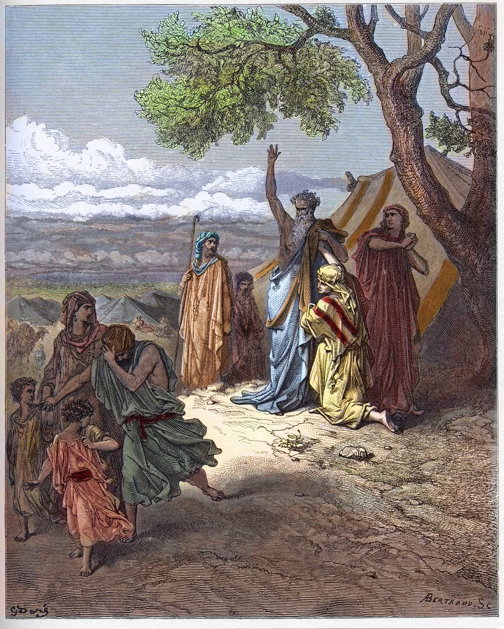 Noah Driving Ham Away - Noah proklíná Ham - The Curse of Cham - Patriarcha Noe proklíná svého vnuka Kanaana za chybu, kterou spáchal jeho otec Cham na hoře Ararat - rytina v „The Bible Illustree““ od Gustava Dore (1832-1883) - Rytina z „“ The Dor od Gustave Dore