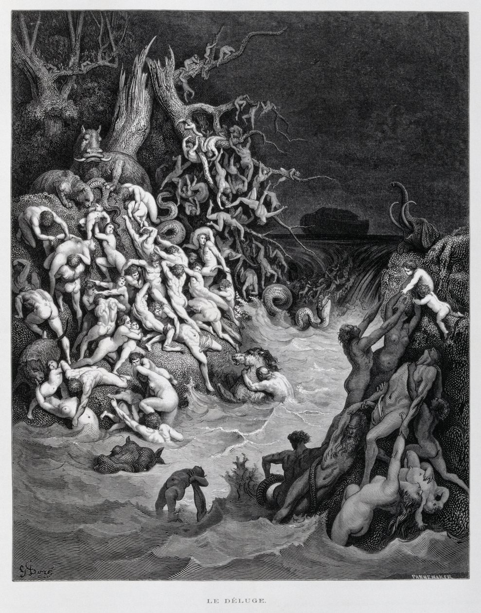 Noe a jeho archa prchají, když zemi zaplavuje velká potopa, Ilustrace z Doreho bible. od Gustave Dore