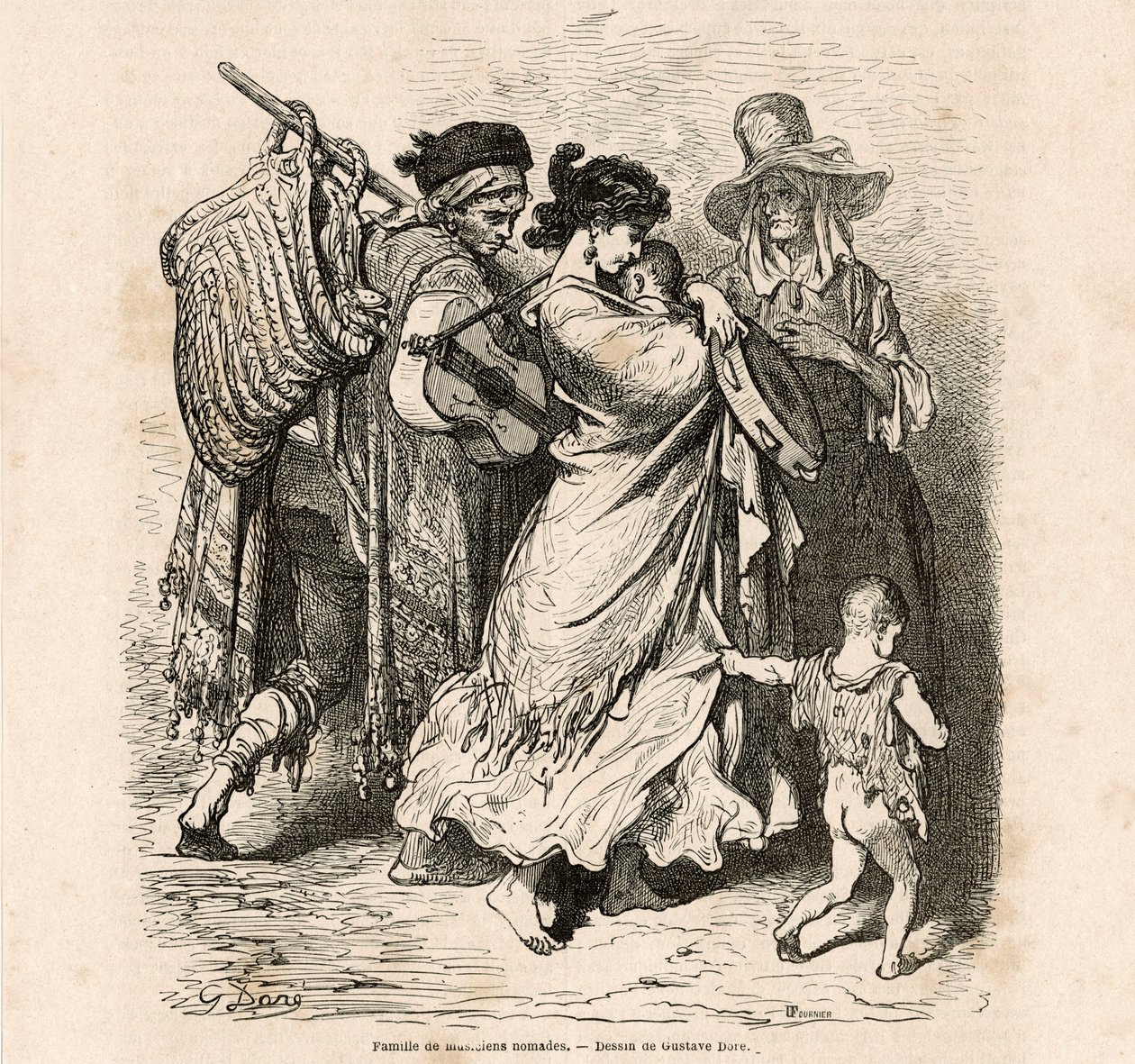 Nomádská rodina hudebníků (rytina) od Gustave Dore