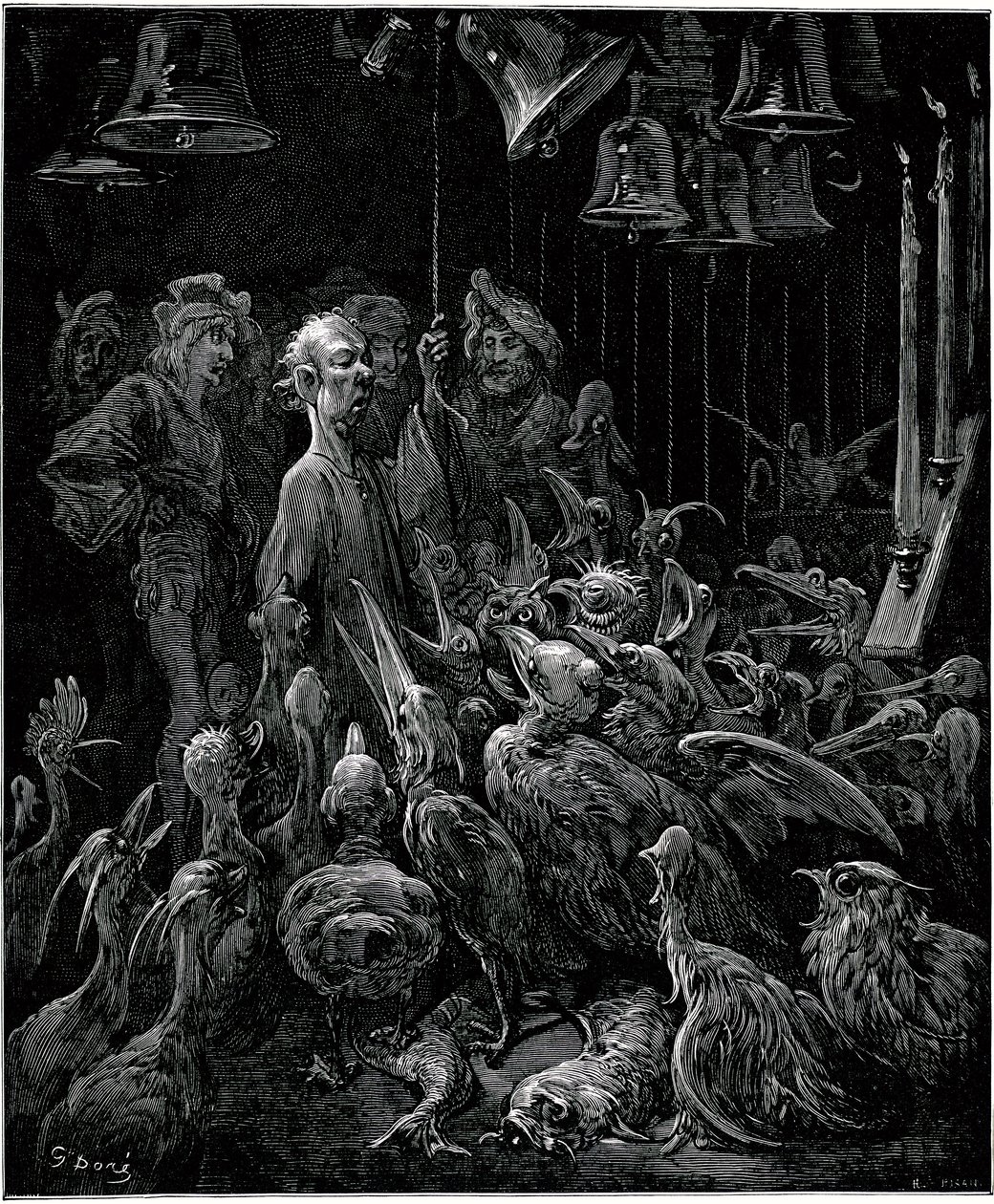Na ostrově Sonnante Panurge rozeznívá ptáky - ilustrace Gustava Dora k soubornému dílu Francoise Rabelaise - Pátá kniha - Pantagruel od Gustave Dore