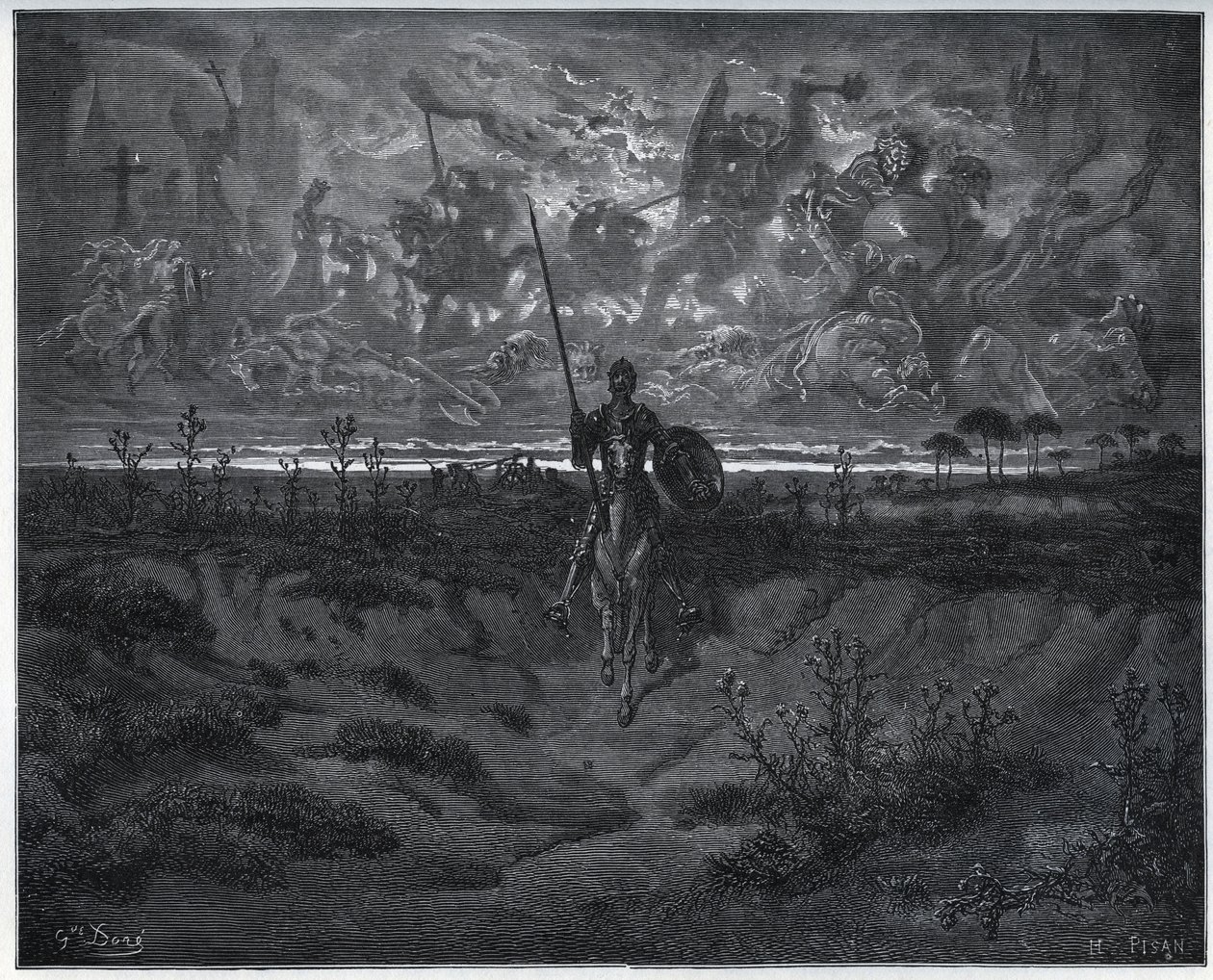 Na této cestě si náš zbrusu nový dobrodruh promluvil sám se sebou – z „Don Quijote de la Mancha“ od Miguela Cervantese od Gustave Dore