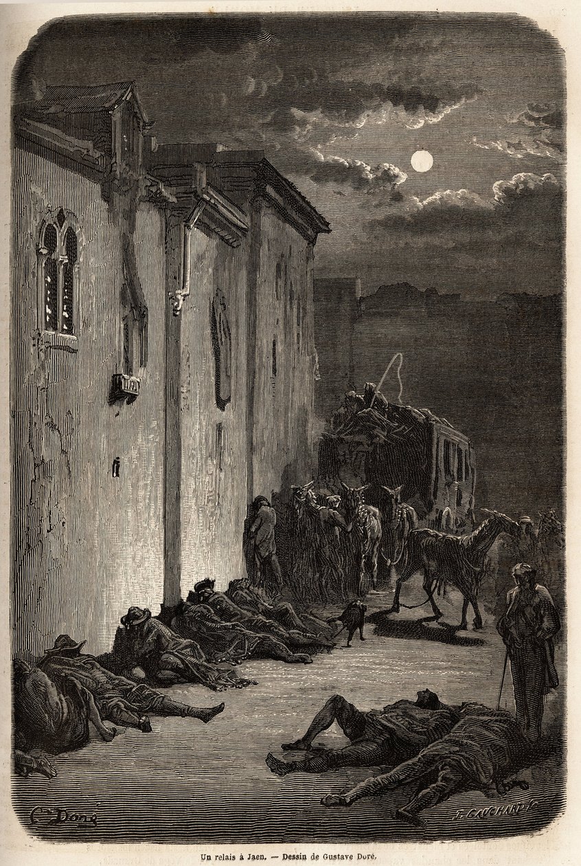 Jedna noc ve štafetě v Jaen. Kresba Gustava Dorea (1832-1883) pro ilustraci jeho cesty do Španělska v roce 1862 s Ch. Davillier. Rytina v „“Le tour du monde““, editoval Edouard Charton od Gustave Dore