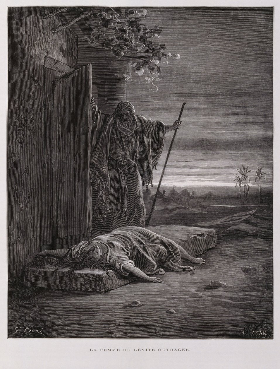 Rozhořčení v Gibeji, levita odnáší svou mrtvou konkubínu, Ilustrace z Doreho bible od Gustave Dore