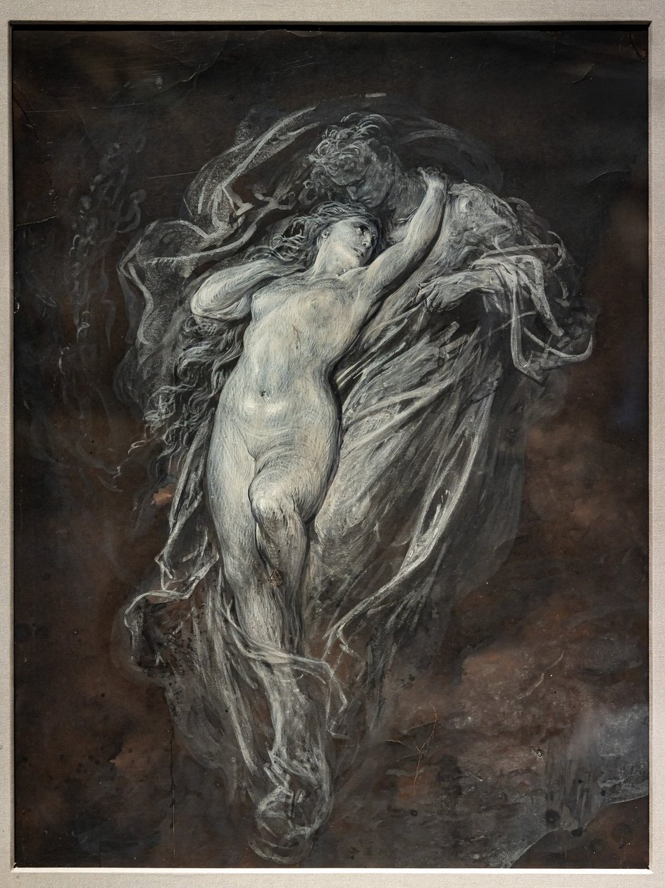 Paolo a Francesca da Rimini v pekle, před rokem 1861 (lavírování indickou tuší a bílá tempera na hnědě tónovaném papíře) od Gustave Dore