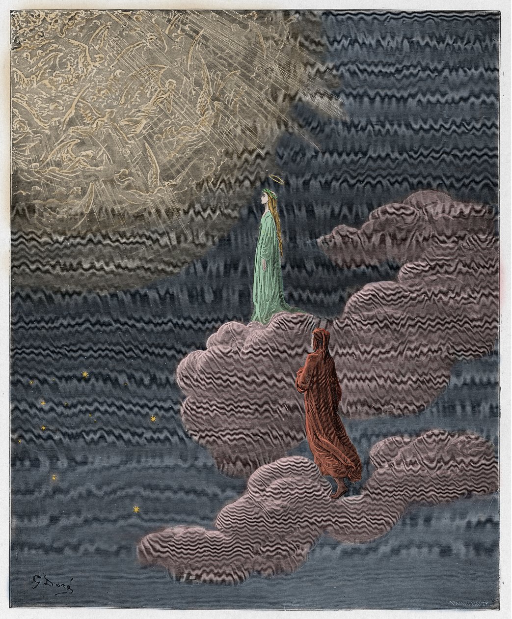 Paradiso, Canto 14: Dante a Beatrice přeloženi do sféry Marsu, ilustrace z „Božské komedie“ od Dante Alighieriho, 1885 od Gustave Dore