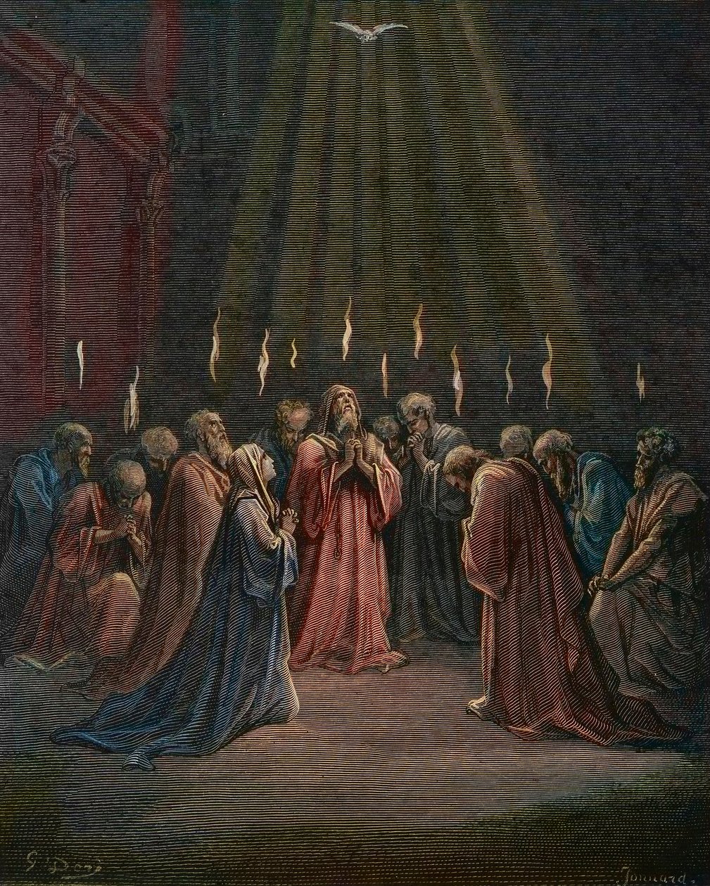 Letnice - Letnice (sestoupení Ducha svatého) - Letnice, seslání Ducha svatého, rytina Gustava Dore (1832-1883) - pozdější kolorování od Gustave Dore