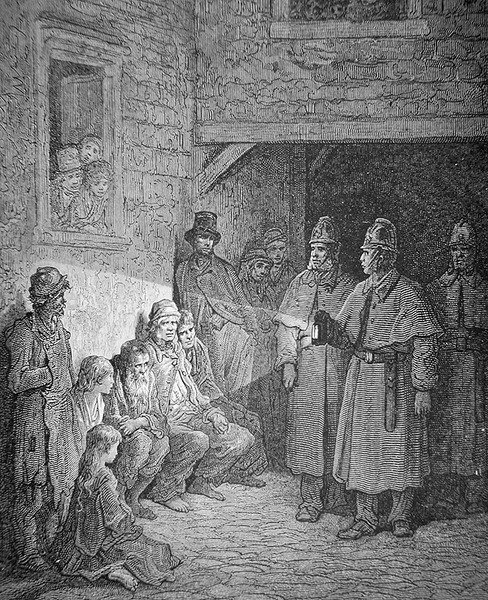 Policisté na hlídce v londýnském Rookery, vyryto Stephanem Pannemakerem (1847-1930) od Gustave Dore