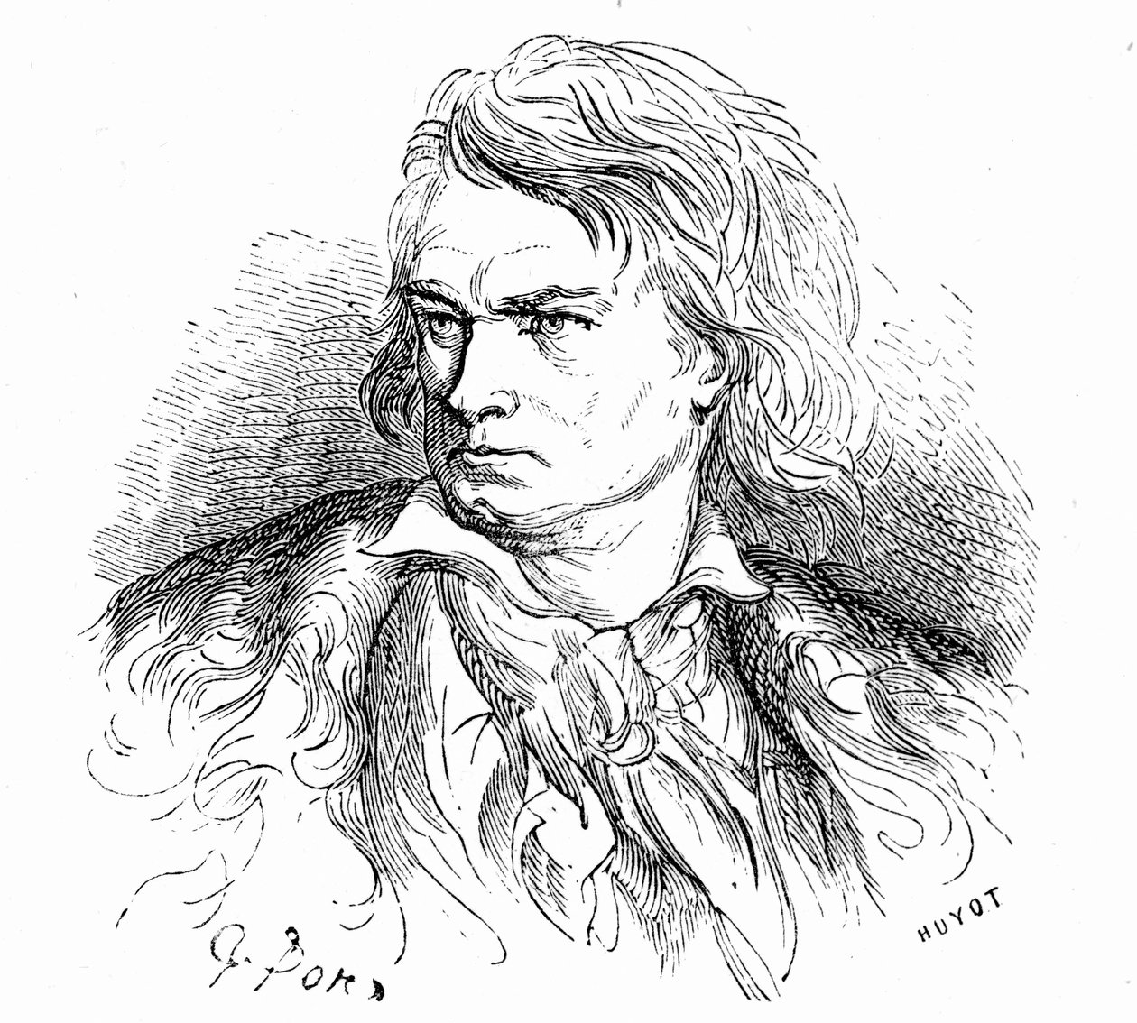 Beethovenův portrét od Gustava Doreho, kolem roku 1855, k ilustraci textu Hippolyta Taina: "Co je Beethoven "Ubohý velký muž, hluchý, zamilovaný, neznámý a filosof, jehož hudba je plná gigantických nebo bolestných snů". od Gustave Dore