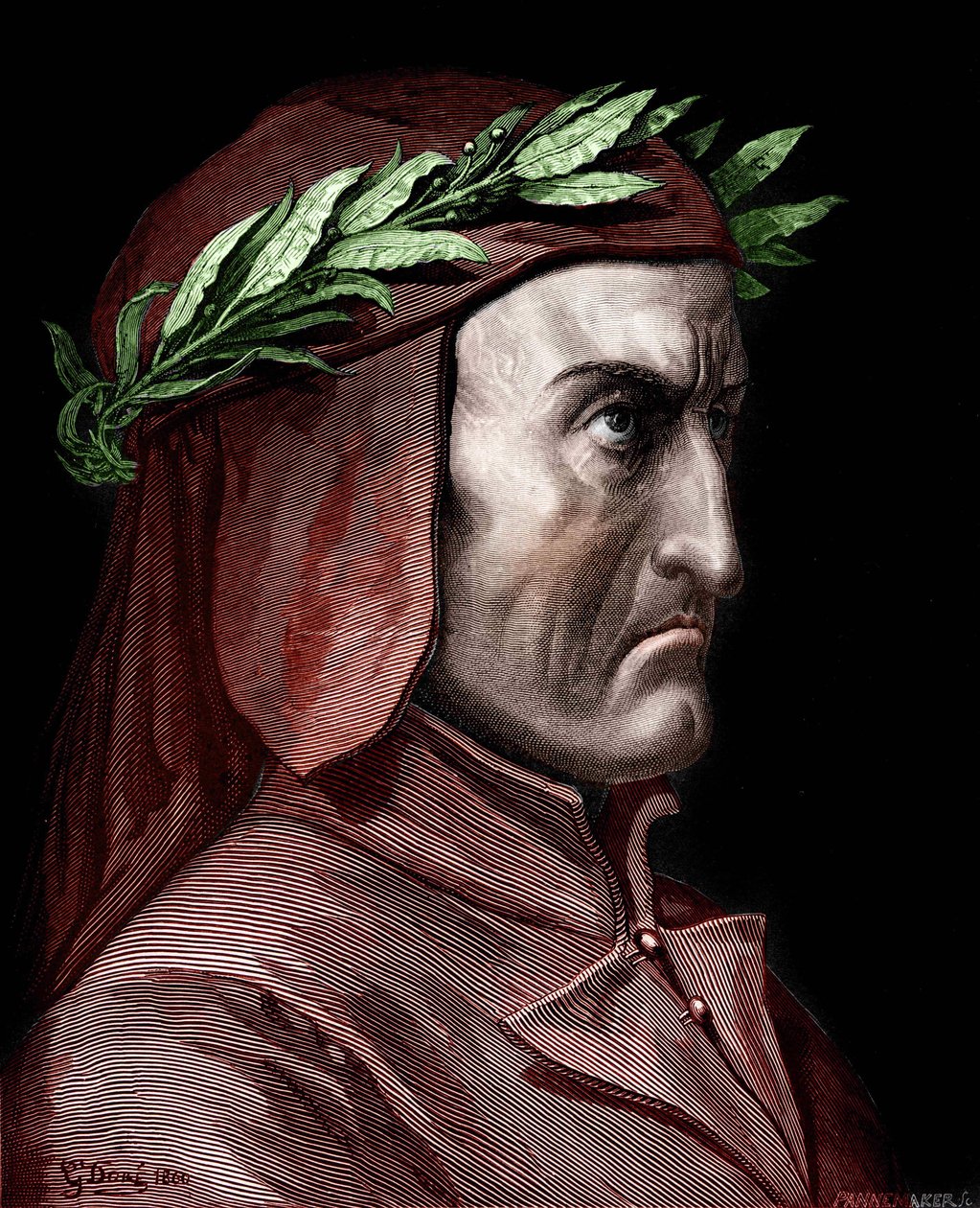 Portrét Dante Alighieri (1265-1321), italský spisovatel. Rytina Gustava Doré z roku 1860. od Gustave Dore