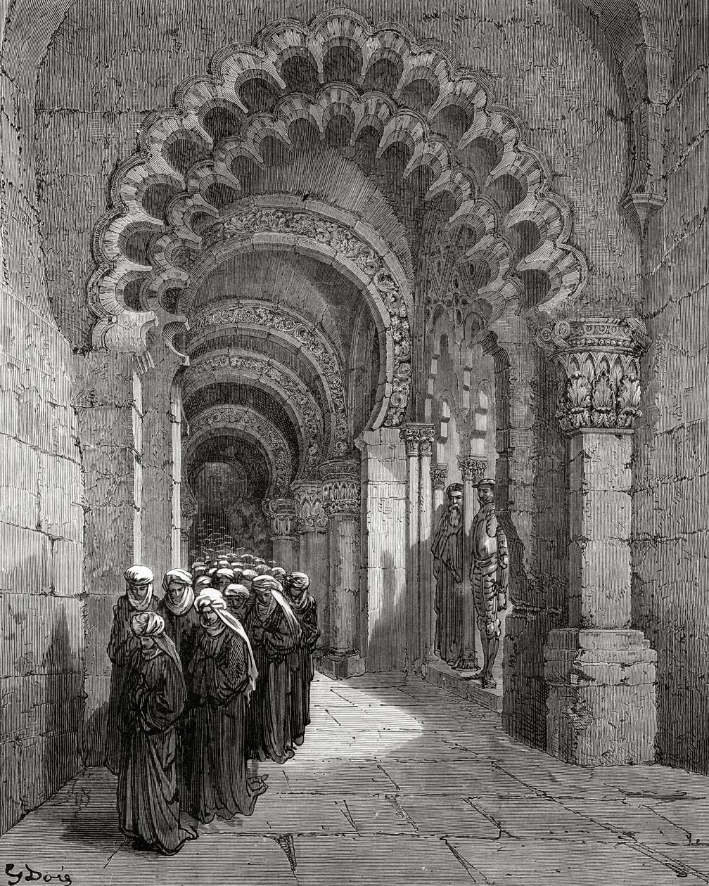 Procesí smutečních dam, z „Don Quijote de la Mancha“ od Miguela Cervantese, vyryto Heliodorem Josephem Pisanem, kolem roku 1875 od Gustave Dore