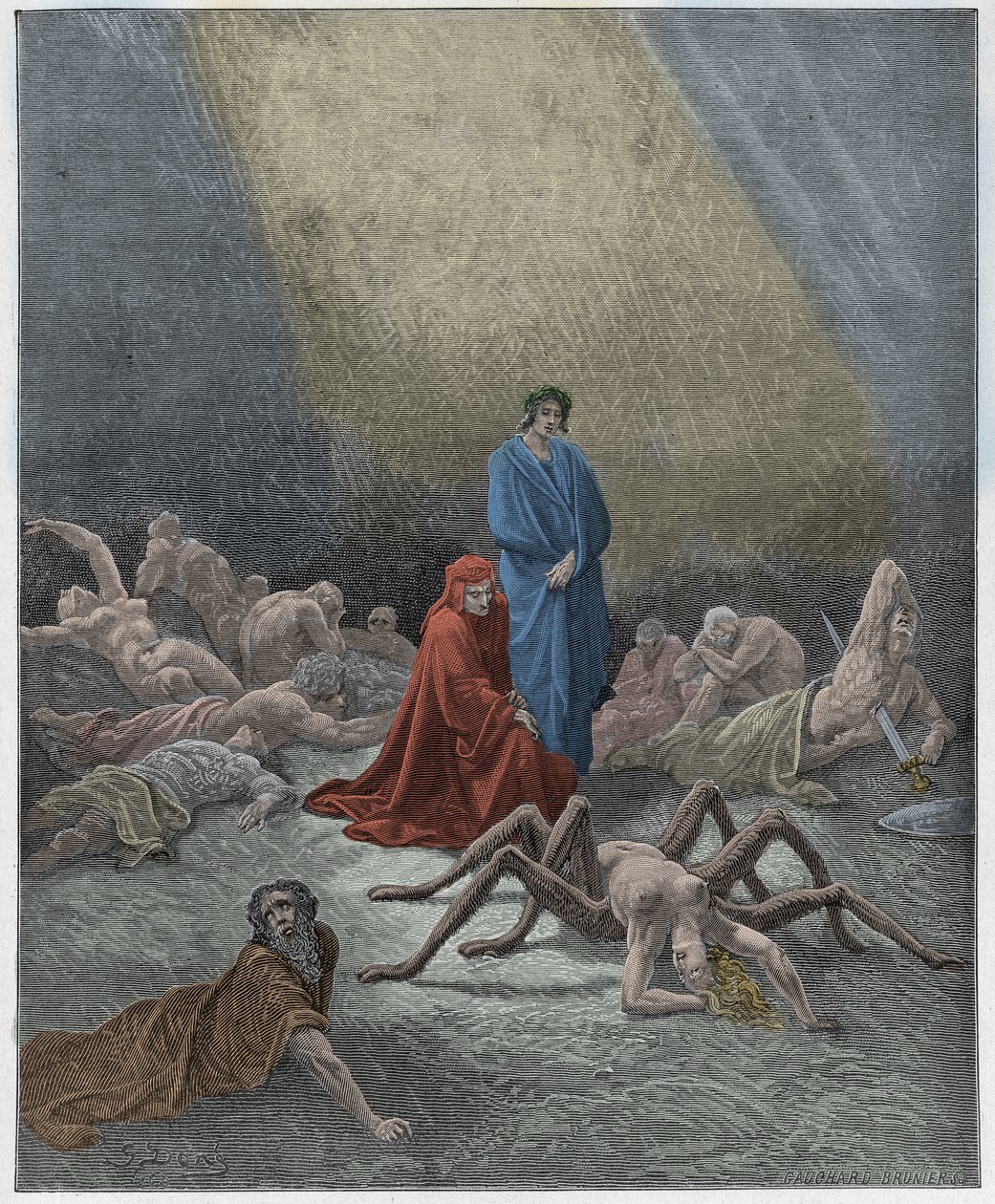 Purgatorio, Canto 12: Dante vidí duši Arachne, ilustrace z „Božské komedie“ od Dante Alighieriho, 1885 od Gustave Dore