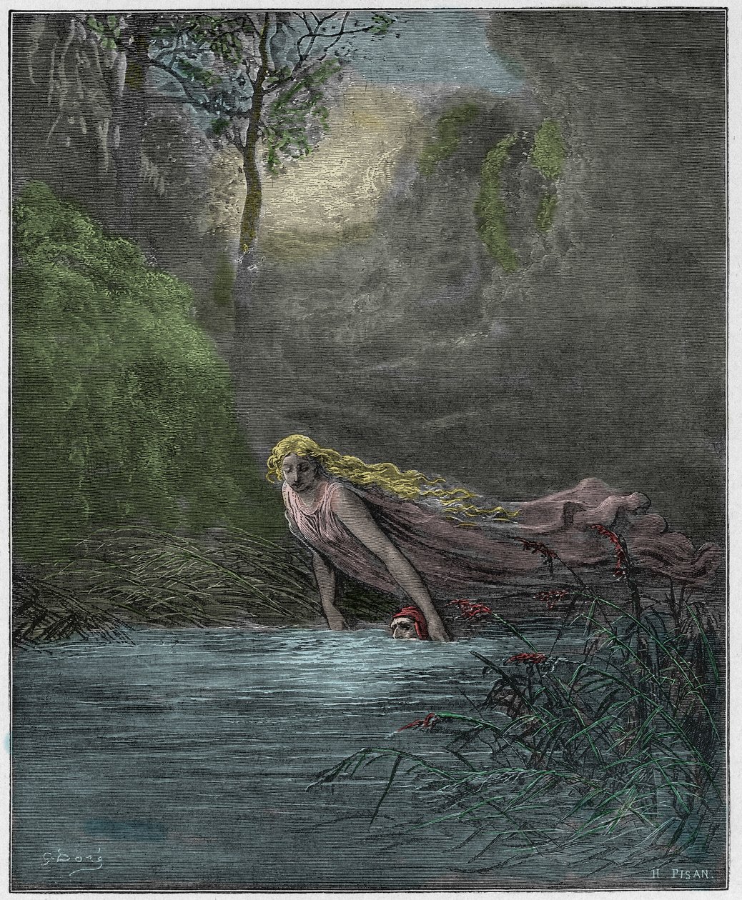 Purgatorio, Canto 31: Dante ponořený v řece Lethe, ilustrace z „Božské komedie“ od Dante Alighieriho, 1885 od Gustave Dore
