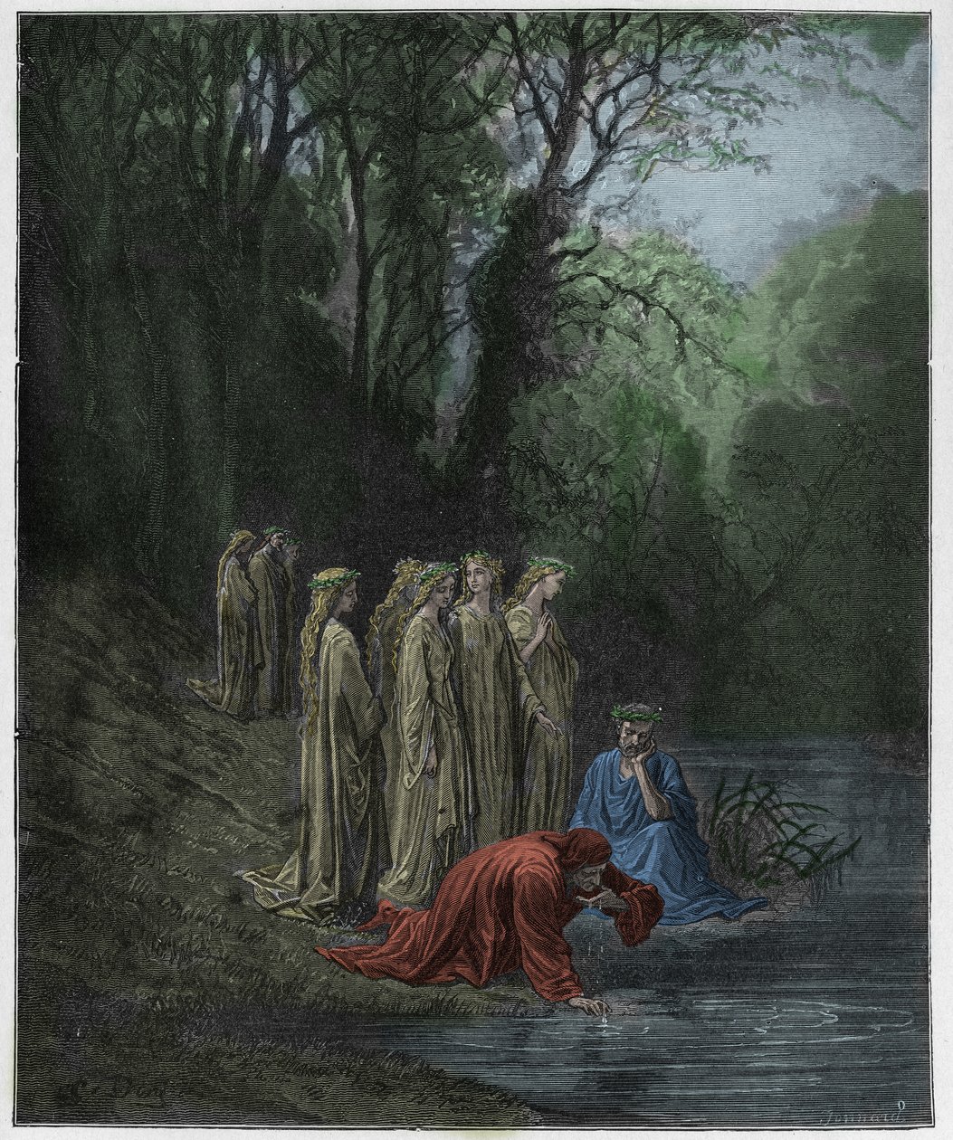 Purgatorio, Canto 33: Dante pije z řeky Eunoe, ilustrace z „Božské komedie“ od Dante Alighieriho, 1885 od Gustave Dore