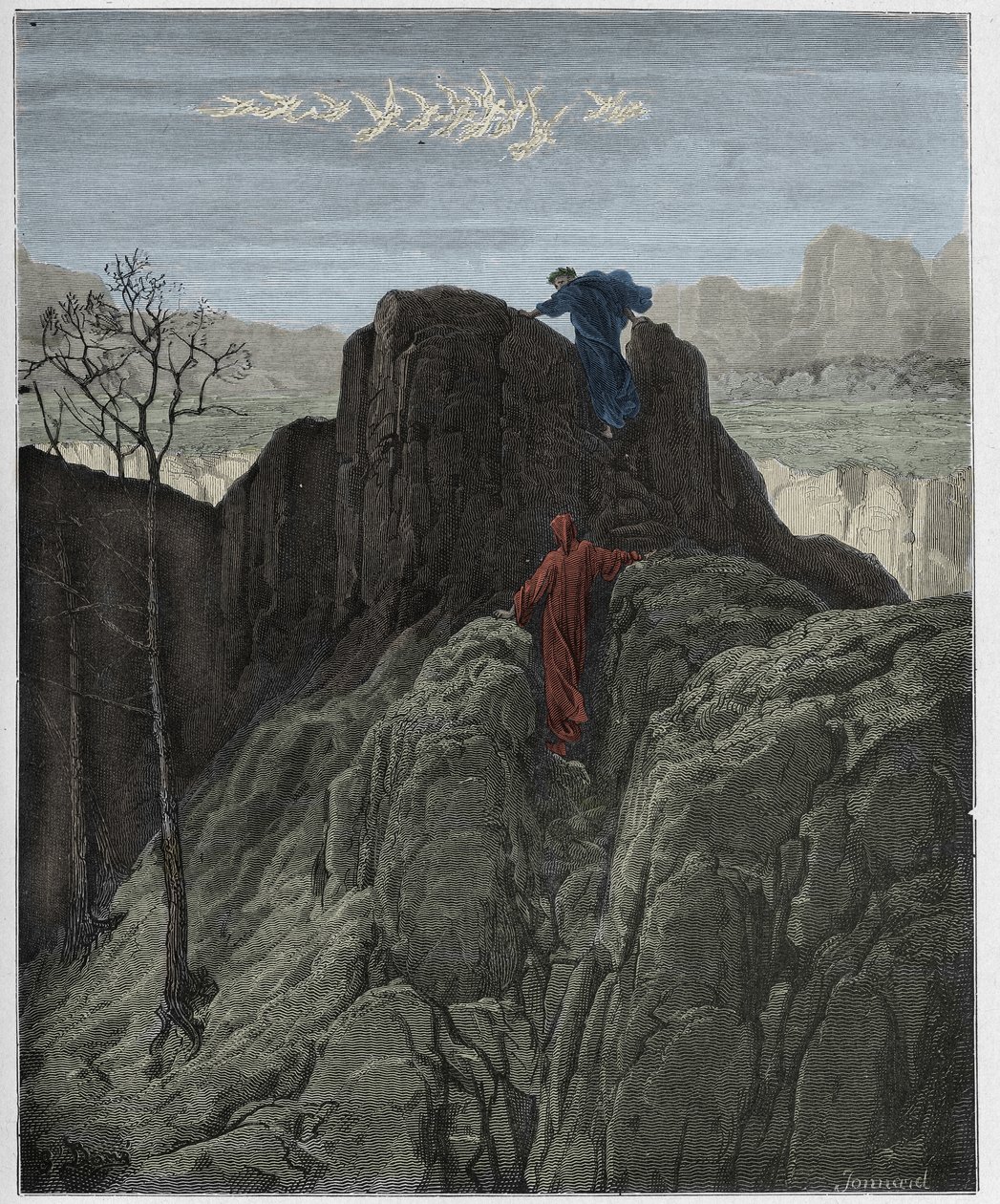 Purgatorio, Canto 4: Virgil vede Danteho po drsném úbočí hory, ilustrace z „Božské komedie“ od Dante Alighieriho, 1885 od Gustave Dore
