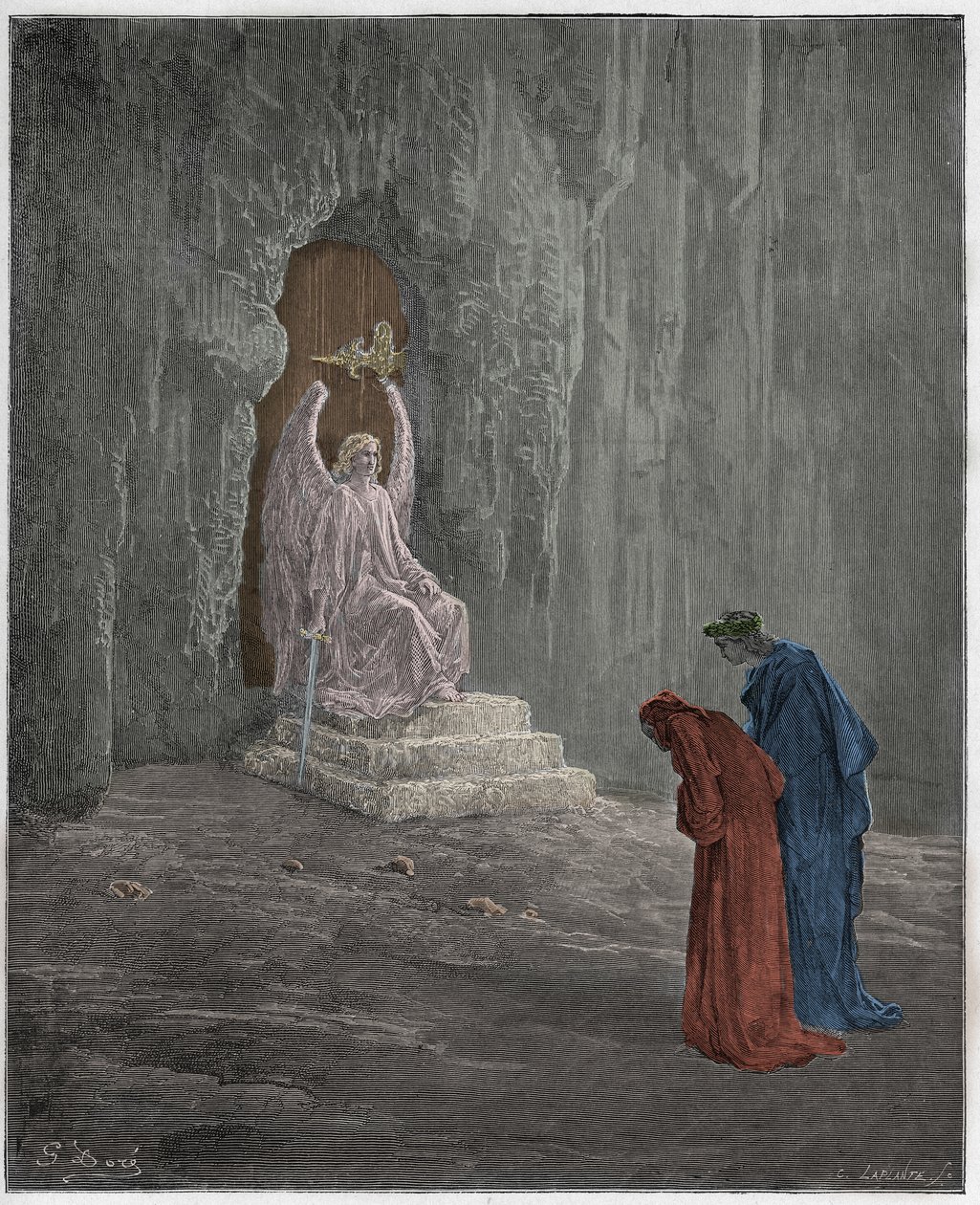 Purgatorio, Canto 9: Dante a Virgil u portálů očistce, ilustrace z „Božské komedie“ od Dante Alighieriho, 1885 od Gustave Dore