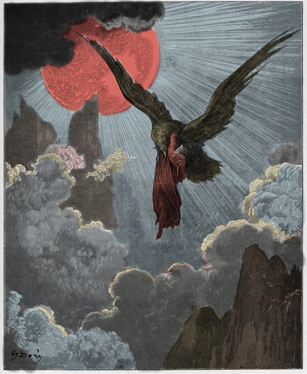 Purgatorio, Canto 9: Dante, ve snu, je unesen orlem, ilustrace z „Božské komedie“ od Dante Alighieriho, 1885 od Gustave Dore
