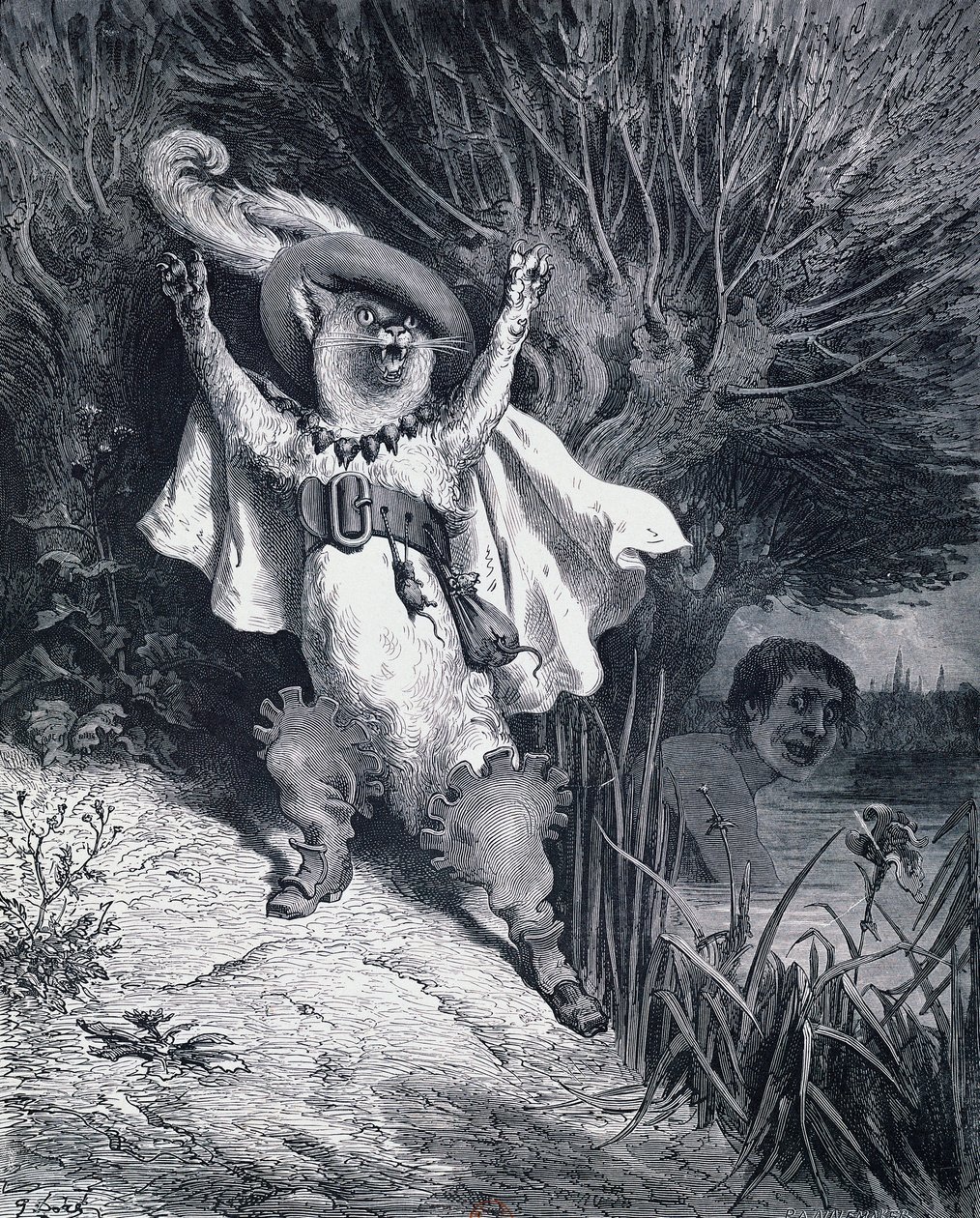 Kocour v botách, ilustrace Gustava Dorea (1832-1883) k pohádce Charlese Perraulta (1628-1703) od Gustave Dore