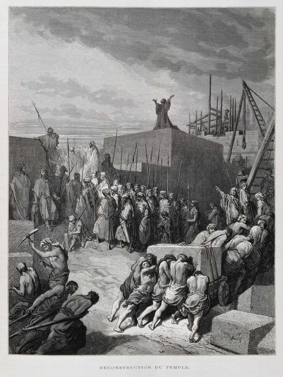 Přestavba jeruzalémského chrámu, ilustrace z Doreho bible od Gustave Dore