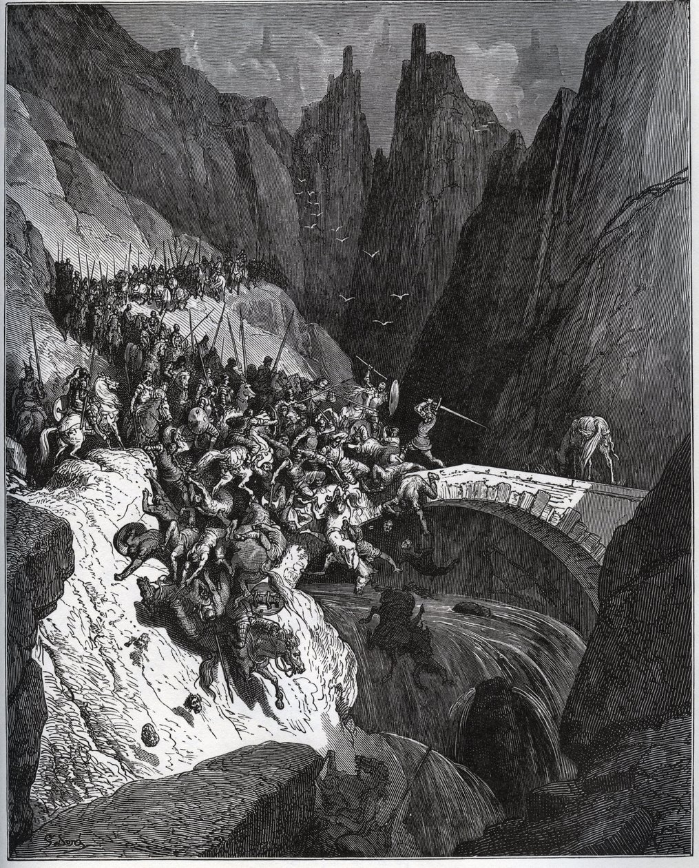 Recite des feats du chevalier Diego Garcia de Paredes - z „Don Quijote de la Mancha““ od Miguela Cervantese (1547-1616) (Don Quijote) - Dřevoryt podle kresby Gustava Dore od Gustave Dore