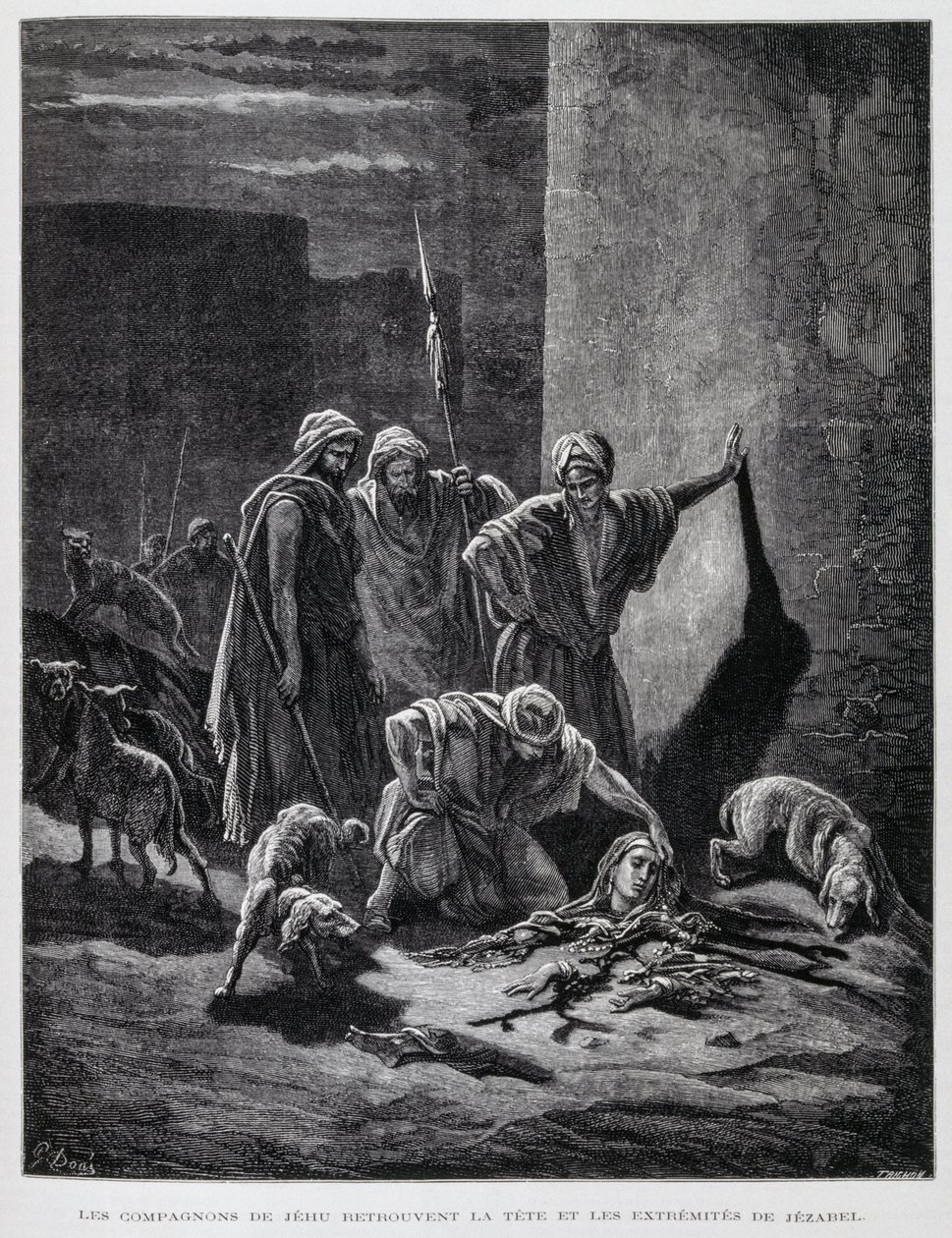 Pozůstatky královny Jezábel poté, co byla vyhozena z oken paláce, Ilustrace z Doreovy bible. od Gustave Dore
