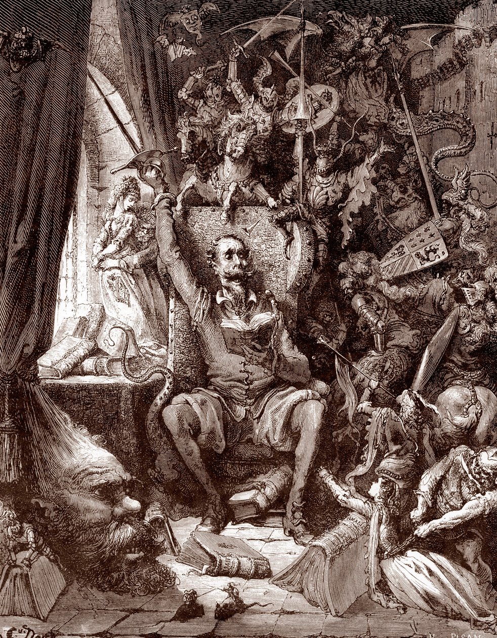 Zastoupení Dona Quijota v jeho knihovně obklopené bytostmi z jeho knih Rytina Gustava Dore (1832-1883) pro „L