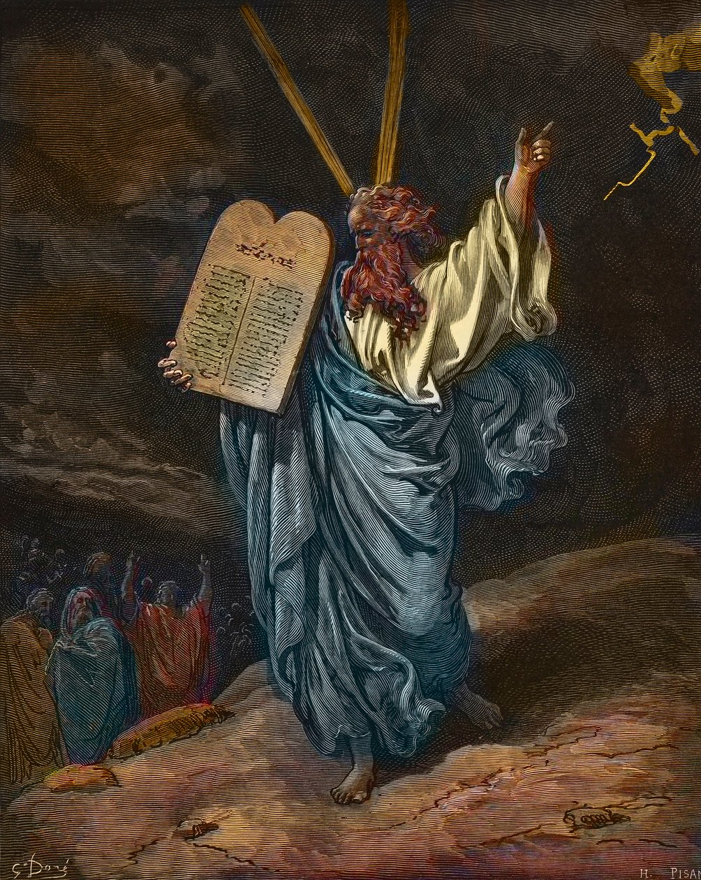 Znázornění Mojžíše s novými deskami zákona na hoře Sinaj - rytina Gustava Dore (1832-1883) - pozdější kolorování od Gustave Dore