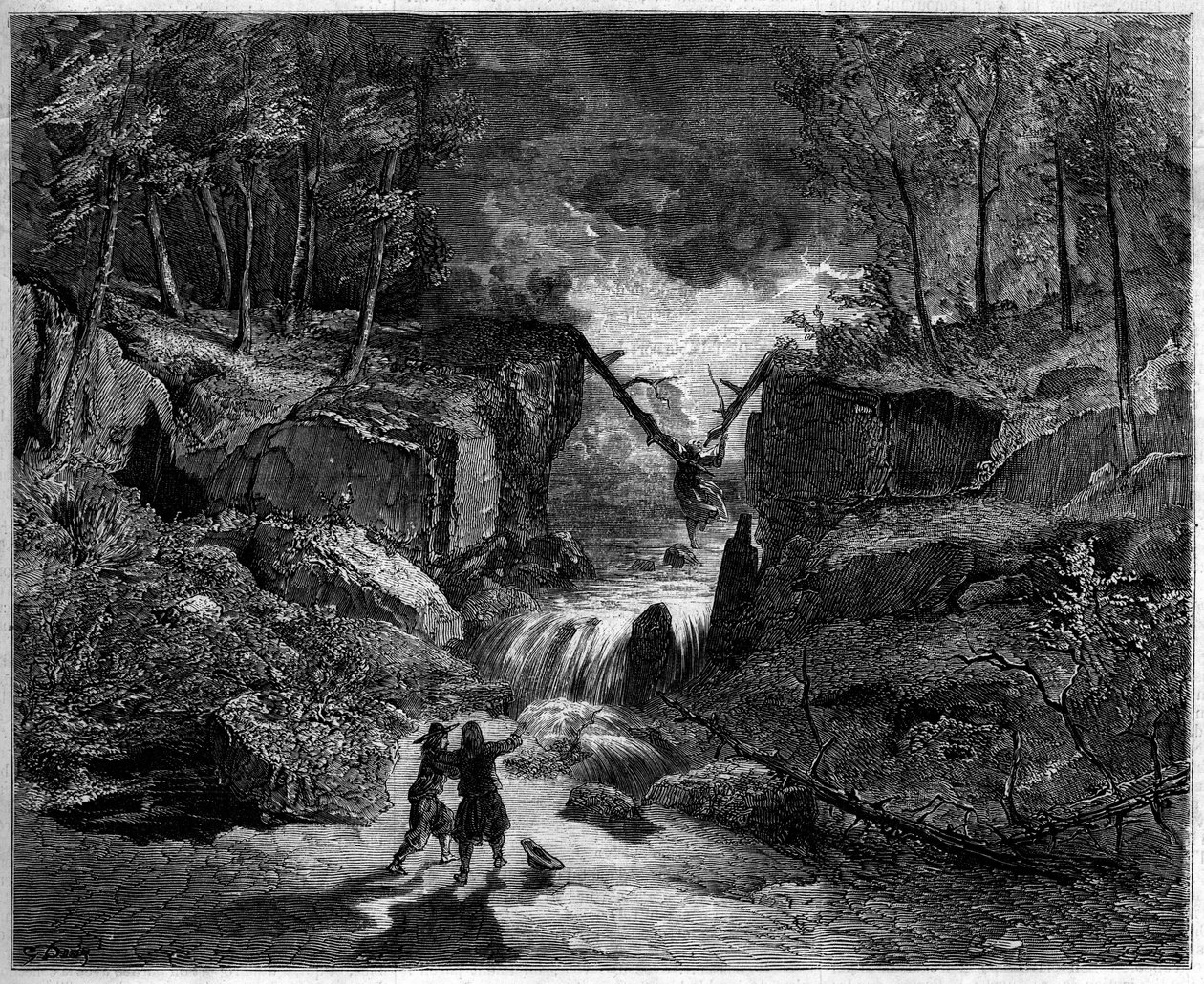 Znázornění opery: bláznivá hrobka v proudu - Poslední scéna, II. dějství „Pardon de Ploermel“, komická opera z roku 1859 na libreto Michela Carreho (1819-1872) a Julese Barbiera (1822-1901), a hudba Giacoma Meyerbeera (1791-1864) - Divadlo od Gustave Dore