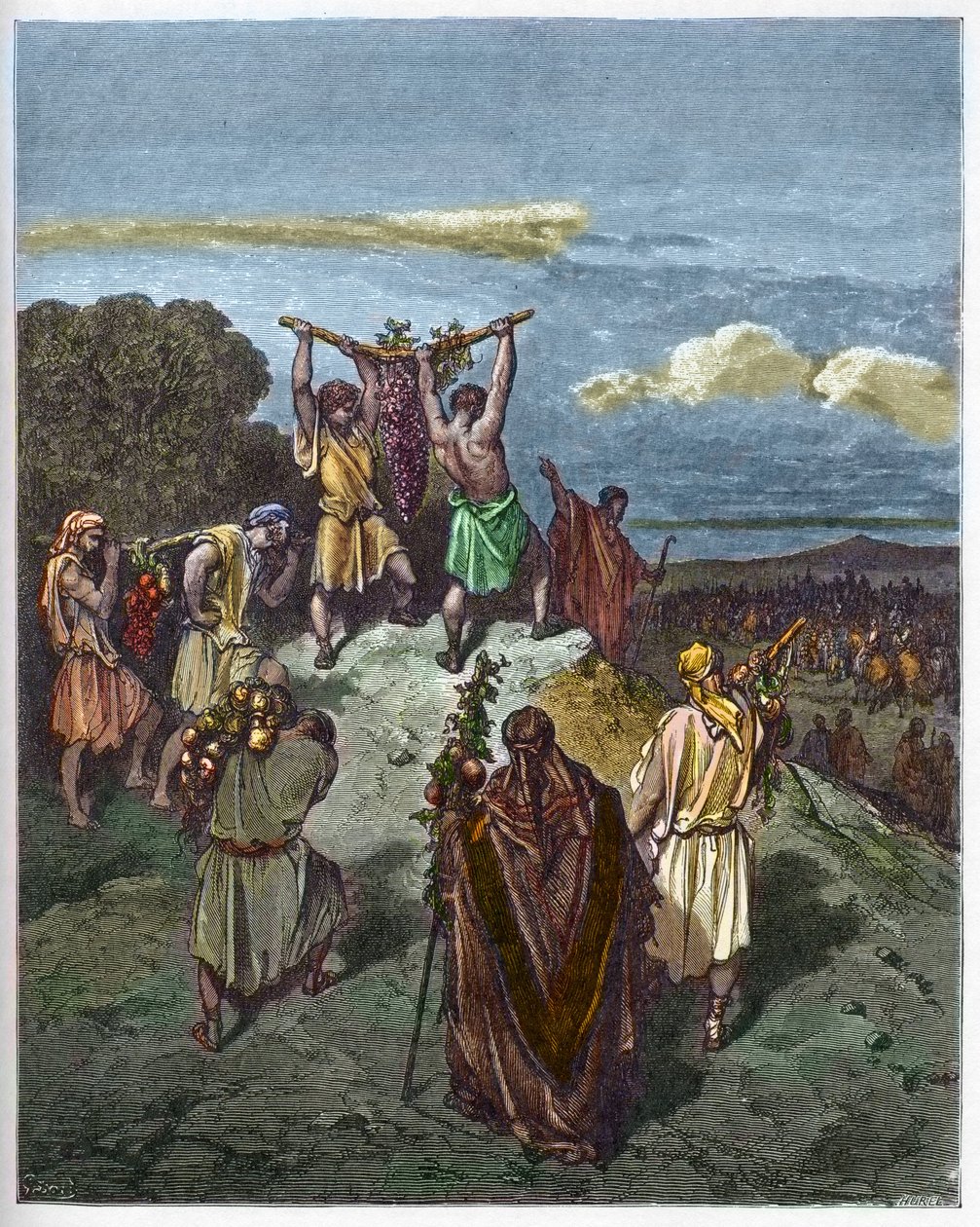 Návrat ze země Kanaán - Návrat Josue a Caleba s obrovským hroznem ze země Kanaán (země zaslíbená) - - rytina v „The Bible illustree“ od Gustava Dore (1832-1883) - Rytina z „“ Dore Bible““ od Gustave Dore