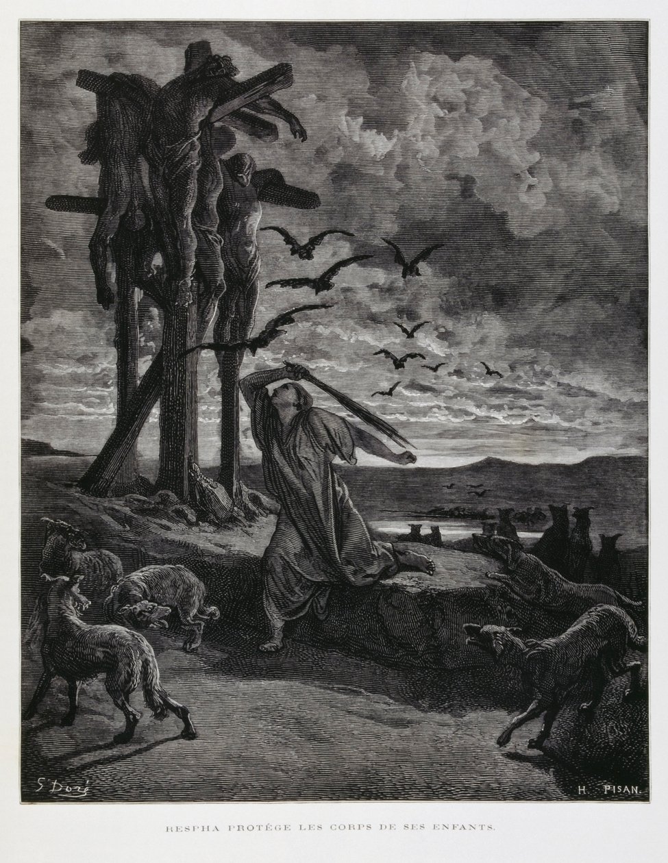 Rizpa brání divoké zvěři znesvěcovat těla jejích mrtvých synů, Ilustrace z Doreovy bible od Gustave Dore