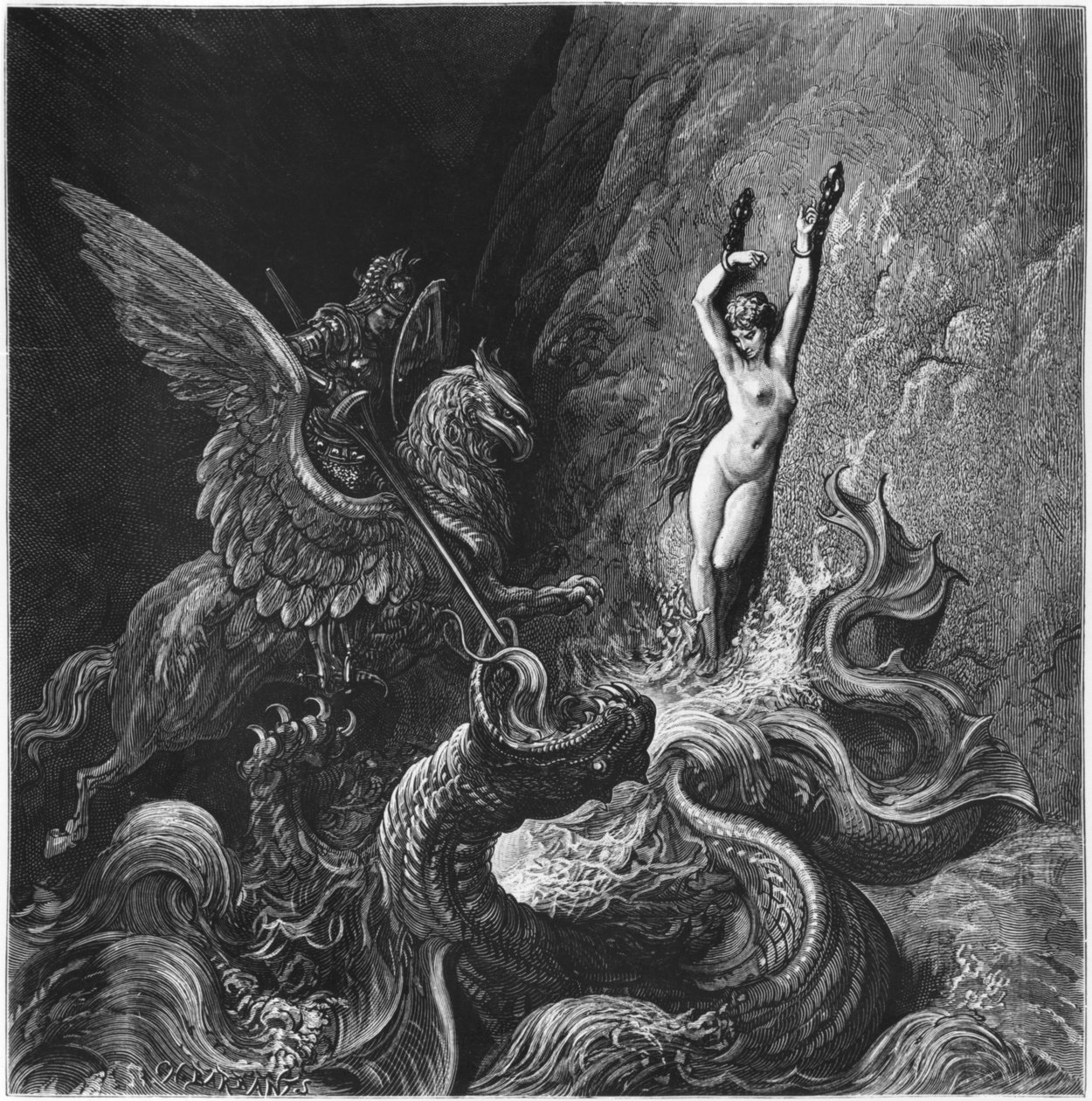 Ruggiero zachraňující Angelicu, ilustrace z X. zpěvu 
