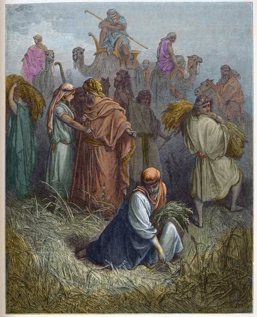 Ruth a Boaz (Booz) - Ruth pracující na polích Boaz (Boaz) (Ruth a Boaz) - - rytina v „The Bible illustree“ od Gustava Dore (1832-1883) - Rytina z „“The Dore Bible““ od Gustave Dore
