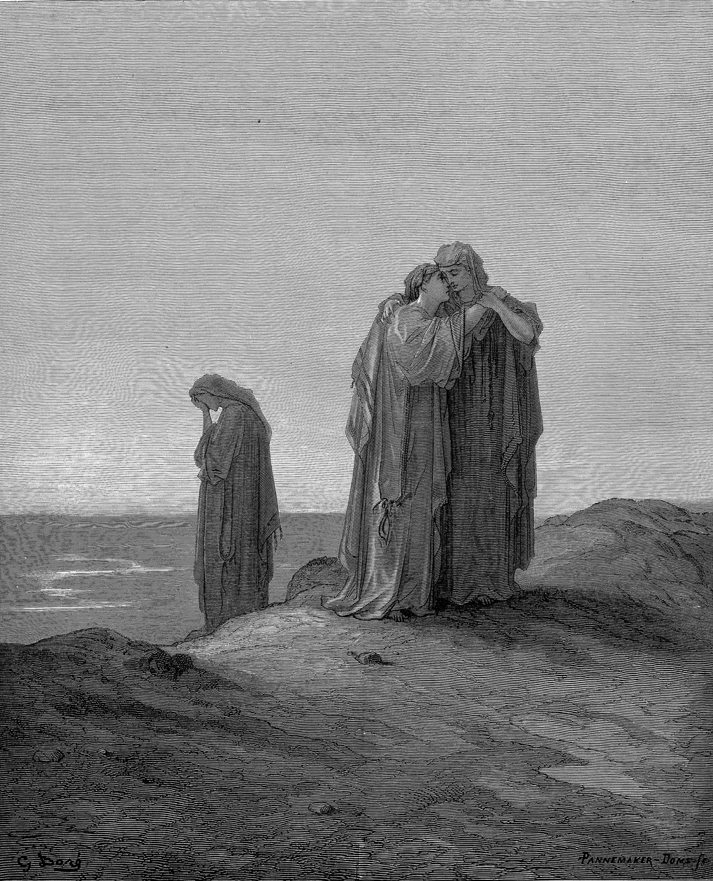 Ruth objímá svou tchyni Naomi a slibuje, že s ní zůstane nyní, když jsou pozůstalí, 1866 od Gustave Dore