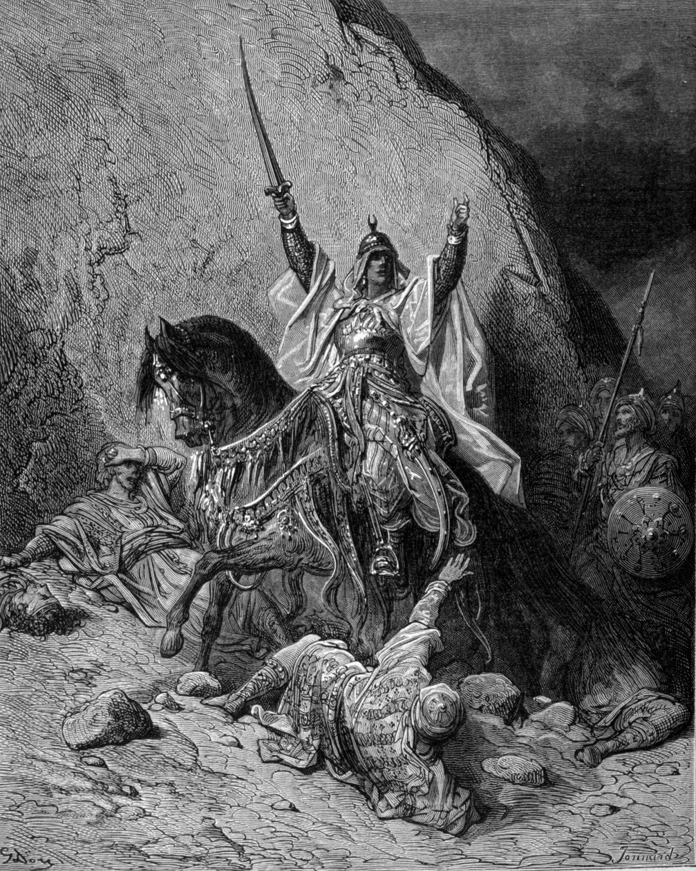 Saladin (1138-1193) (Salah al Din Yusuf al-Ayyubi (al Ayyubi) v čele svých jednotek proti přechodům - rytina Gustava Dore od Gustave Dore