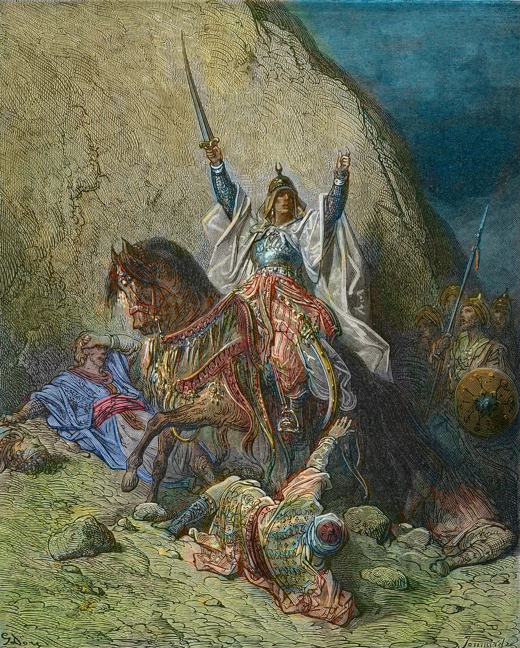 Saladin velkolepý - král Saladin (1138-1193) (Salah al Din Yusuf al-Ayyubi (al Ayyubi) velitel muslimských sil proti křížovým výpravám - barevná rytina z 19. století od Gustava Dorea - z Historie křížových výprav od Josepha-Francoise Michauda od Gustave Dore