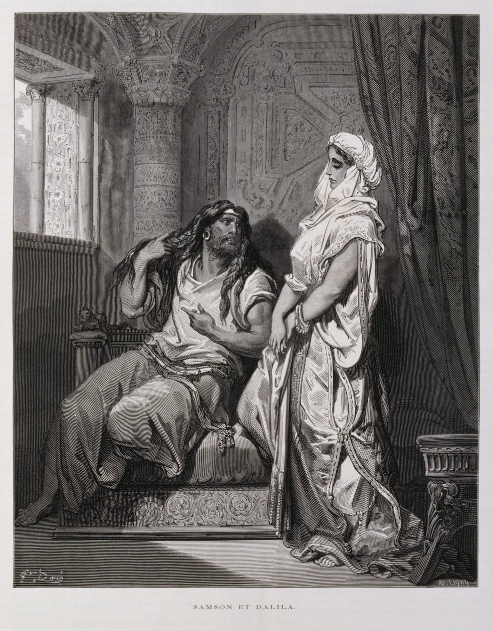 Samson a Dalila, 16. kapitola, Kniha Soudců, Starý zákon, Ilustrace z Doreovy bible od Gustave Dore