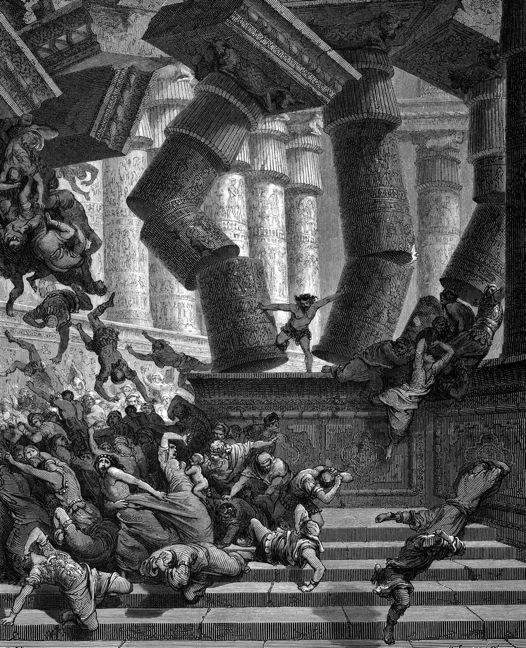 Samson svrhl Dagonův chrám, 1866 od Gustave Dore