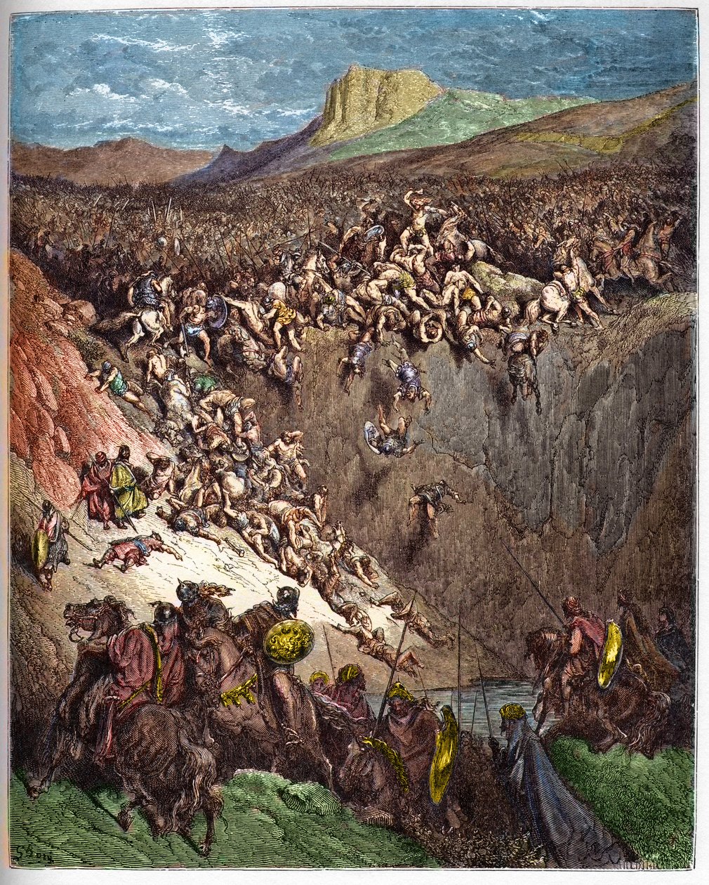 Samson ničí Pelištejce čelistí pažby - Samson zabíjí Pelištejce oslí čelistí - - rytina v „“The Bible illustree““ od Gustava Dore (1832-1883) – Rytina z „“The Dore Bible““ od Gustave Dore