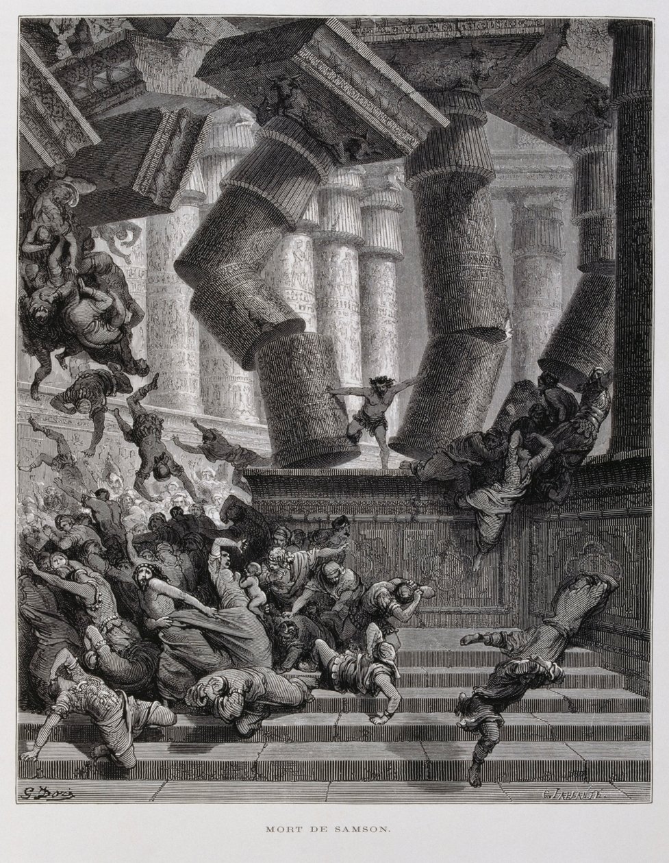 Samson ničí Baalův chrám, Ilustrace z Bible Doreovy od Gustave Dore