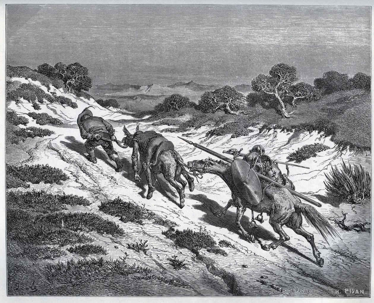 Sancho Panza, Don Quijote a jejich koně po porážce proti Yangers - z „“Don Quijote de la Mancha““ od Miguela Cervantese (1547-1616) (Don Quijote) - Dřevoryt podle kresby Gustava Dore od Gustave Dore