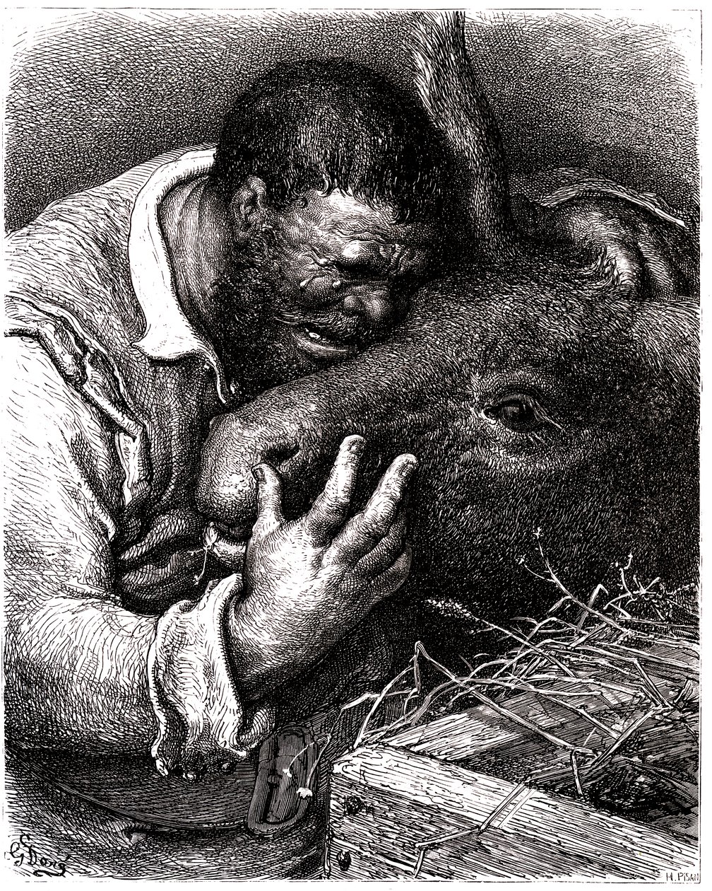 Sancho Panza pláče při líbání svého osla od Gustave Dore